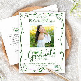 Green Doodles Graduation Save the Date Photo White Einladungspostkarte