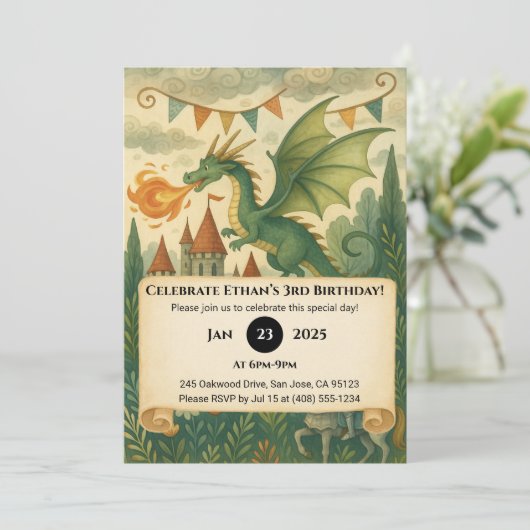 Green Dragon and Knight in Enchanted Birthday Einladung (Stehend Vorderseite)