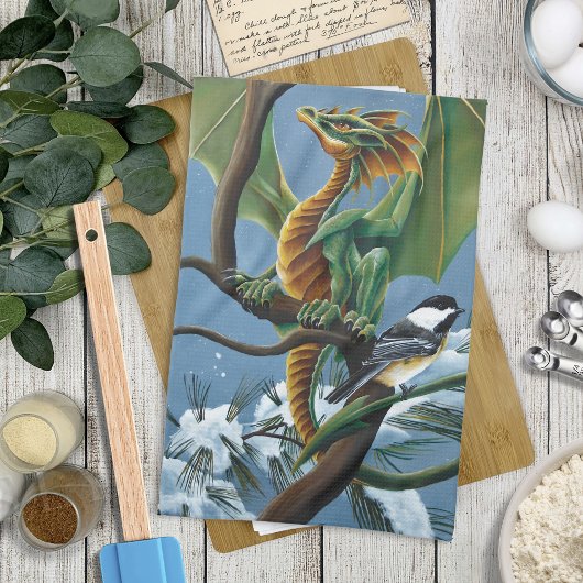 Green Dragon Chickadees Winter Geschirrtuch