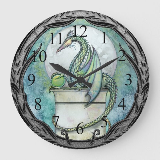 Green Dragon Fantasy Art Wall Clock Große Wanduhr (Vorderseite)