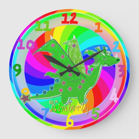 Green Dragon Kids Clock anpassbarer Name Kimberly Große Wanduhr (Vorderseite)