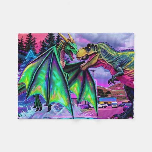 Green Dragon vs Dinosaur Fleecedecke (Vorderseite (Horizontal))