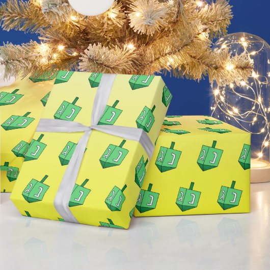 Green Dreidel auf Yellow Hanukkah Geschenkpapier (Feiertage)