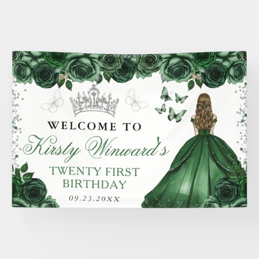Green Dress Blonde Princess Floral Geburtstag Banner (Horizontal)