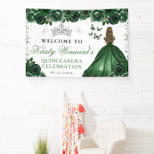 Green Dress Blonde Princess Floral Quinceanera Banner (InSitu)