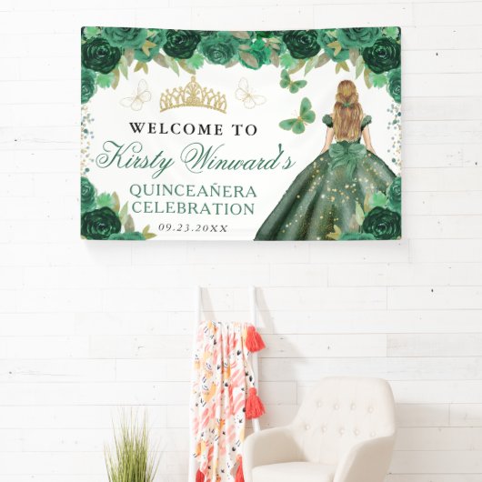 Green Dress Blonde Princess Floral Quinceanera Banner (InSitu)