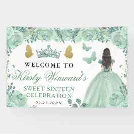 Green Dress Brunette Princess Floral Sweet 16 Banner