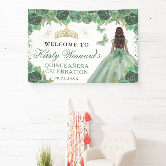 Green Dress Dark Skin Princess Floral Quinceanera Banner (InSitu)