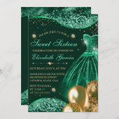 Green Dress & Gold Glitzer Balloons Sweet 16 Einladung (Vorne/Hinten)