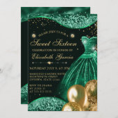 Green Dress & Gold Glitzer Balloons Sweet 16 Einladung (Vorne/Hinten)