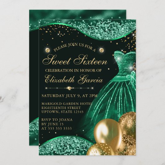 Green Dress & Gold Glitzer Balloons Sweet 16 Einladung (Vorne/Hinten)
