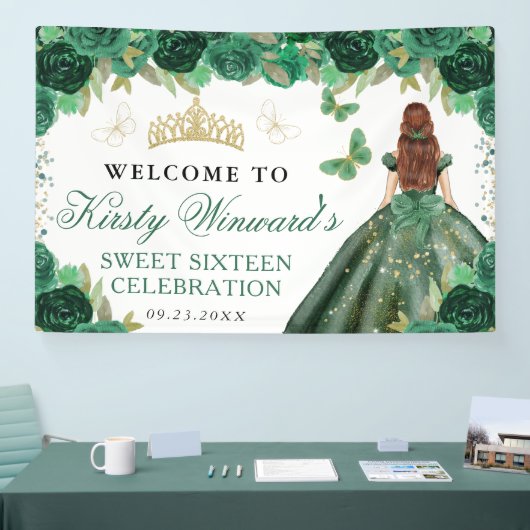 Green Dress Red Haired Princess Floral Sweet 16 Banner (Messe)
