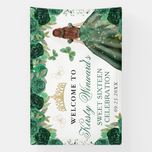 Green Dress Red Haired Princess Floral Sweet 16 Banner (Vertikal)