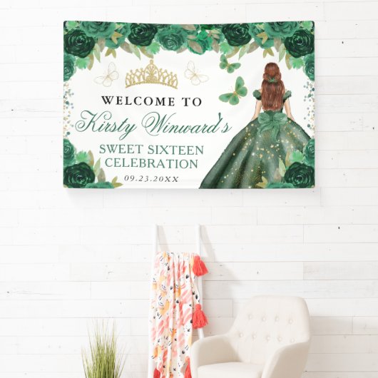 Green Dress Red Haired Princess Floral Sweet 16 Banner (InSitu)