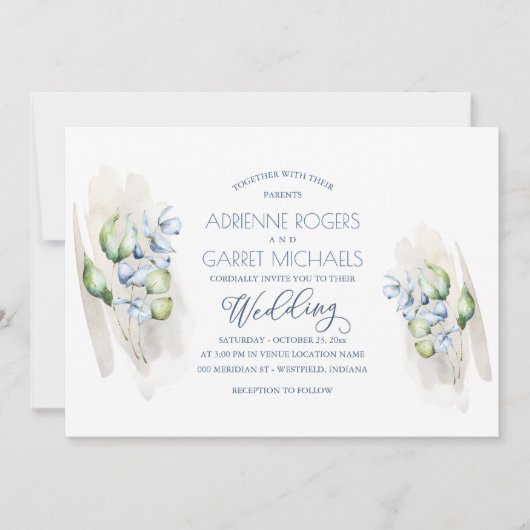 Green & Dusty Blue Eukalyptus Rustic Wood Wedding Einladung (Vorderseite)