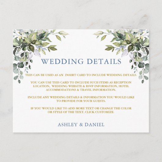 Green Dusty Blue Gold Wedding Details Card Postkarte (Vorderseite)