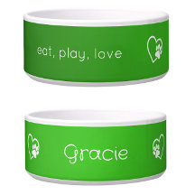 Green 'eat, play, love' Dog Name Bowl