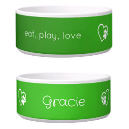 Green 'eat, play, love' Dog Name Bowl Napf