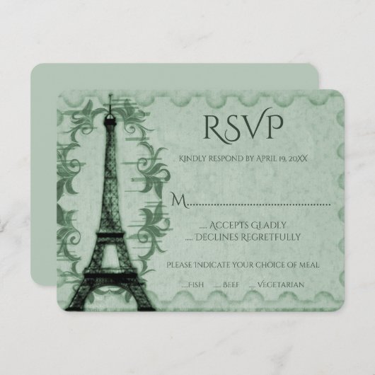 Green Eiffel Tower Wedding RSVP Card (Vorne/Hinten)