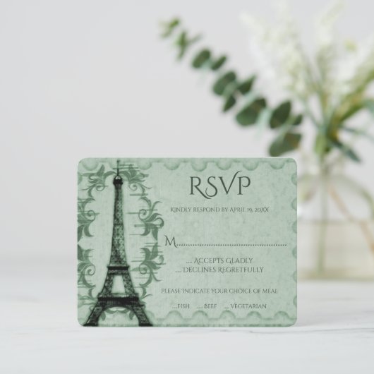 Green Eiffel Tower Wedding RSVP Card Karte (Stehend Vorderseite)