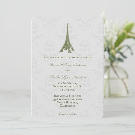 Green Eiffelturm Damask Einladung zur Hochzeit (Stehend Vorderseite)