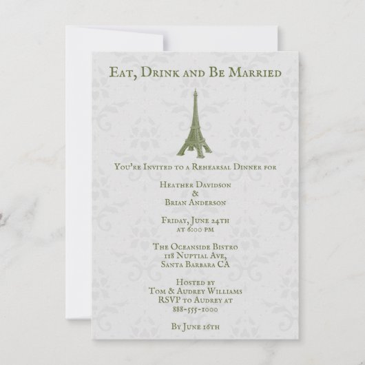 Green Eiffelturm Damask Hochzeitsessen Probe Einladung (Vorderseite)