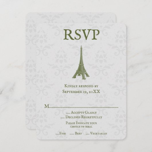 Green Eiffelturm Damask RSVP Card (Vorne/Hinten)