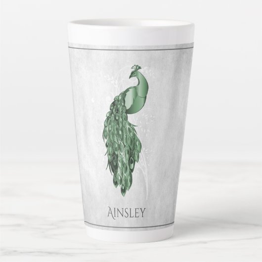 Green Elegance Peacock Personalisierte Latte-Tasse Milchtasse (Vorderseite)
