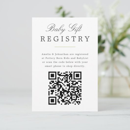 Green Elegant Baby Geschenkregister mit QR-Code Begleitkarte (Stehend Vorderseite)