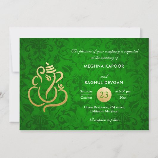 Green Elegant Gold Foil Ganesha Indian Damask Einladung (Vorderseite)