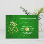 Green Elegant Gold Foil Ganesha Indian Damask Einladung (Stehend Vorderseite)