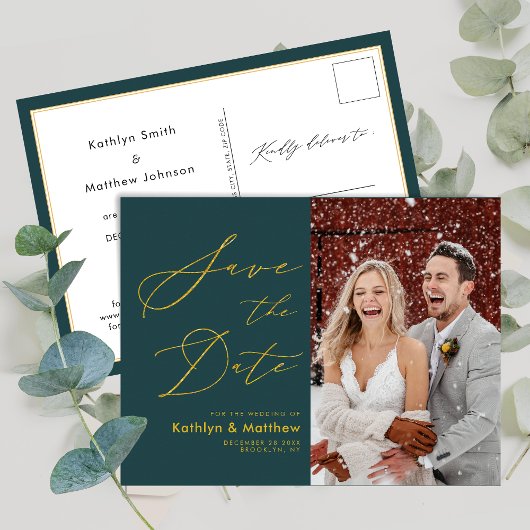 Green Elegant Gold Script Save the Date Ankündigungspostkarte