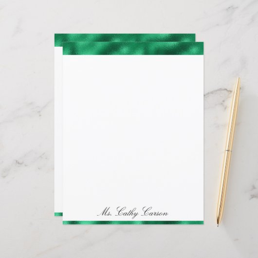 Green Elegant Metallic Satin Name Shiny Stationary (Vorderseite/Rückseite Beispiel)