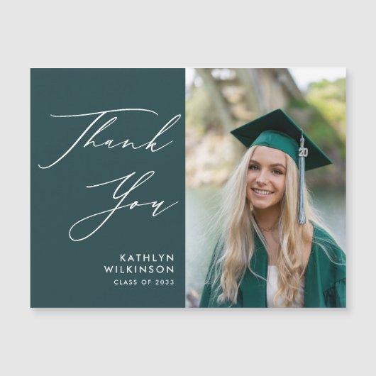Green Elegant Script Foto Abschluss Vielen Dank Magnetkarte (Vorderseite)