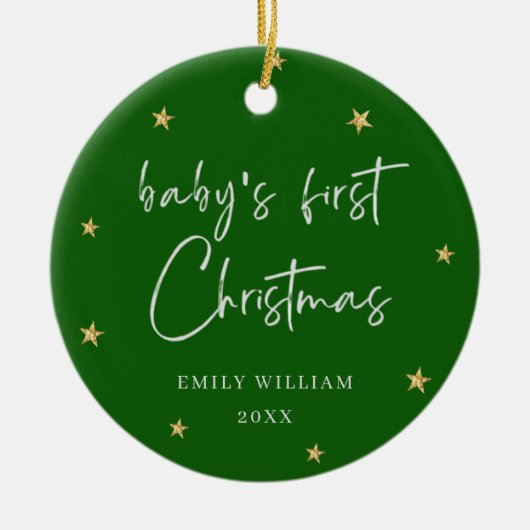 Green Elegant Star Foto Baby's First Christmas Keramik Ornament (Vorne)