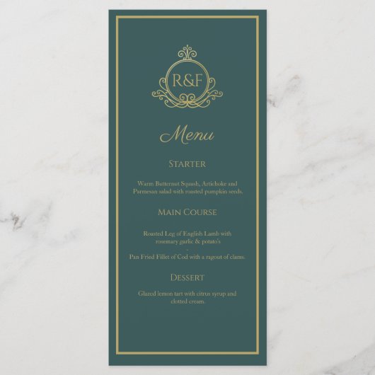 Green Elegante Golden Calligraphy Wedding Menu Menükarte (Vorderseite)