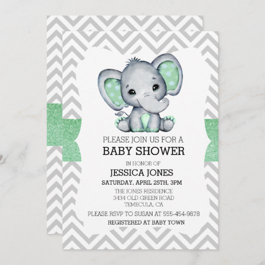 Green Elephant Zickzack Glitzer Babydusche Einladung (Vorne/Hinten)