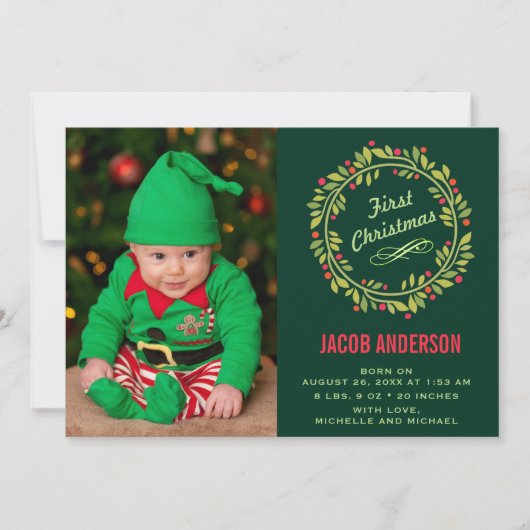 Green Elf First Christmas Photo Birth Announcement Ankündigung (Vorderseite)