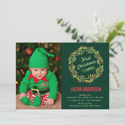Green Elf First Christmas Photo Birth Announcement Ankündigung (Stehend Vorderseite)