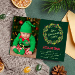 Green Elf First Christmas Photo Birth Announcement Ankündigung<br><div class="desc">Christmas birth announcement card featuring a beautiful pine and berries wreath against a green background. Add all your lovely details on this easy-to-use template and adorn this card with your baby's photo to make it a one-of-a-kind announcement. Flip the card over to reveal an elegant red and green stripes pattern...</div>