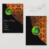 GREEN EMERALD DAMASK MONOGRAMM, gelb orange Visitenkarte (Vorne/Hinten)