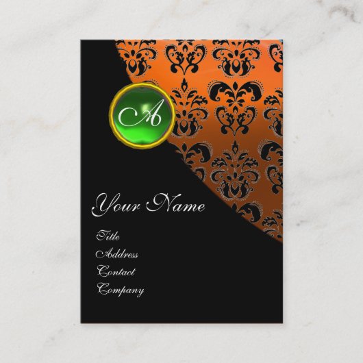 GREEN EMERALD DAMASK MONOGRAMM, gelb orange Visitenkarte (Vorderseite)