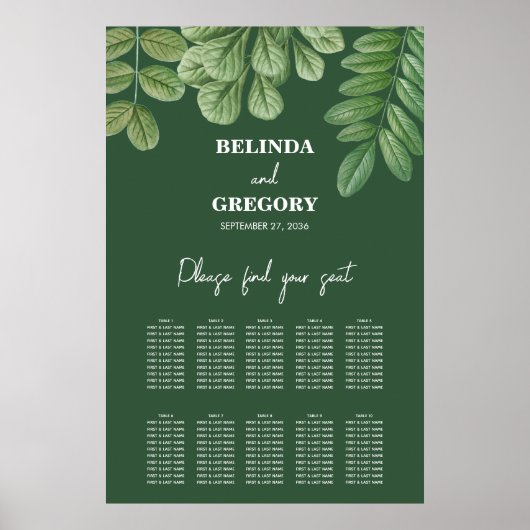 Green Emerald Green Wedding Seating Chart Poster (Vorne)