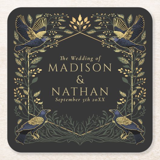 Green Enchanted Gothic Raven Floral Wedding Rechteckiger Pappuntersetzer (Vorderseite)