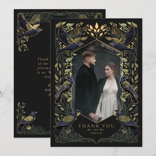 Green Enchanted Raven Wedding Danke Card (Vorne/Hinten)