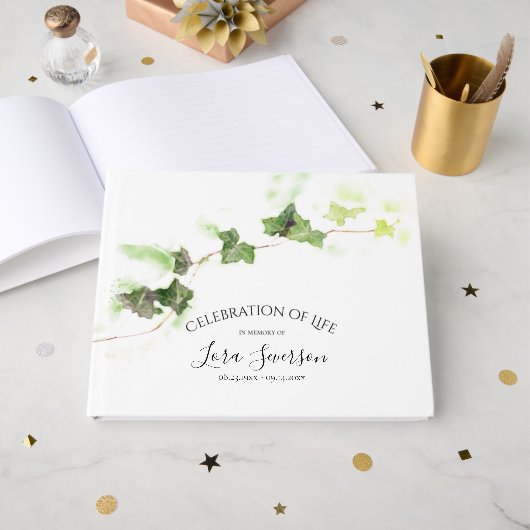 Green English Ivy Celebration of Life Memorial Gästebuch (Vorderseite Offen)