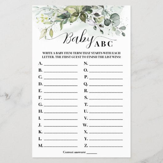 Green Eucalyptus Baby ABC Baby Shower Game Card Flyer (Vorne)