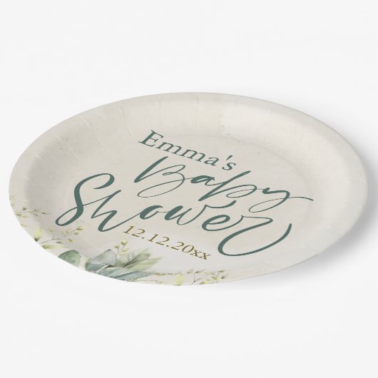 Green Eucalyptus Baby Dusche Pappteller (Schrägansicht)