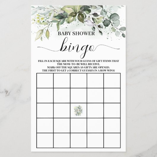 Green Eucalyptus Baby Shower Bingo Game Card Flyer (Vorne)