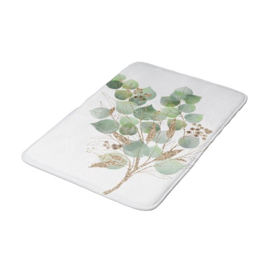 GREEN EUCALYPTUS BRANCH WHITE BATH MAT BADEMATTE (Schrägansicht)